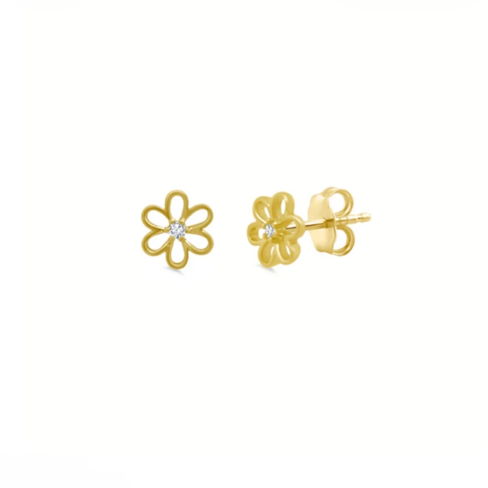 14K Gold Flower Stud Earrings with Center Stone